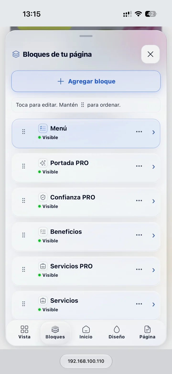 Panel Bloques de tu página: agregar, reordenar y controlar visibilidad.