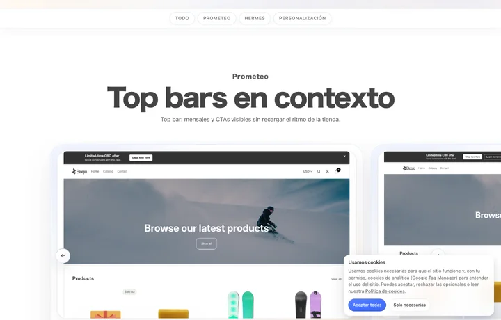 Galería desktop de Bloqio con ejemplos de Prometeo y Hermes en contexto.
