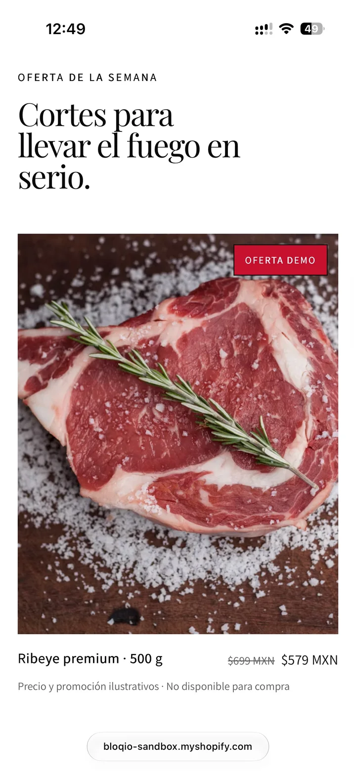 Oferta de la semana con Ribeye premium y precios de demostración.