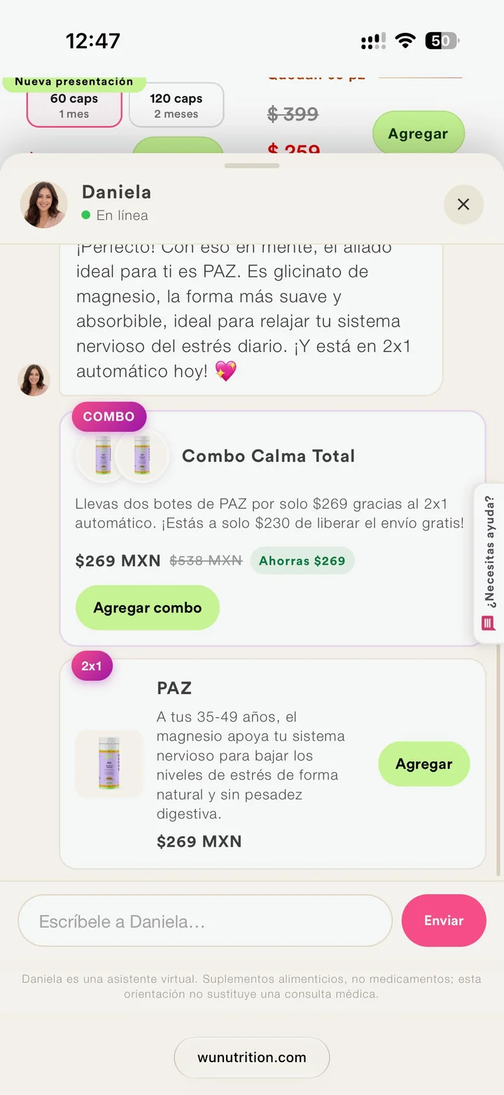 Daniela recomienda PAZ y arma el Combo Calma Total 2x1 con agregado directo al carrito.